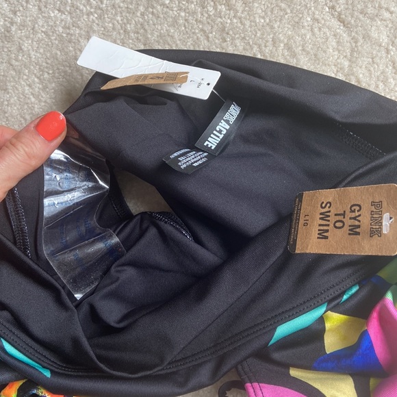 VS PINK Bikini Set Gym to Swim Tie-Dye Set Floral Shorties Cinch Waist Sport Bra - Picture 3 of 4